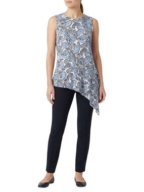New Directions Blue Sleeveless Paisley Top with an asymmetrical handkerchief hem